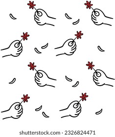 Seamless pattern with hand drawn doodle arms holding cute red flower. Vector illustration of human gift. Black and white endless background.