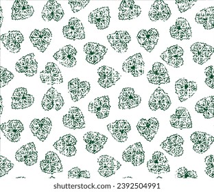 Seamless pattern with hand drawn doodle textured green hearts. Vector illustration on slub textured background. Template for your design