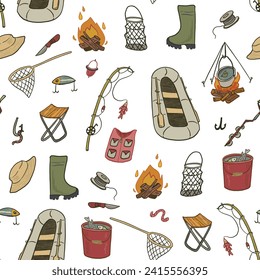 Seamless pattern of hand drawn doodle fishing equipment. Vector illustration