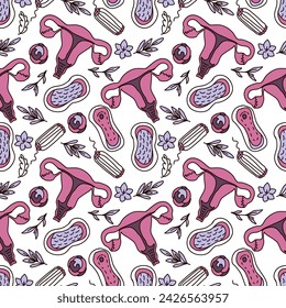 Seamless pattern with hand drawn doodle female reproductive organs, hygiene. Vector illustration.