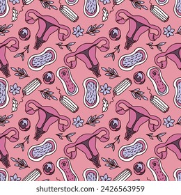 Seamless pattern with hand drawn doodle female reproductive organs, hygiene. Vector illustration.