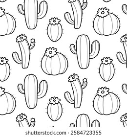 Seamless pattern with hand drawn doodle cacti with flowers. Black and white botanical design with various cactus shapes. Perfect for prints, textiles, wallpapers, and wrapping paper.