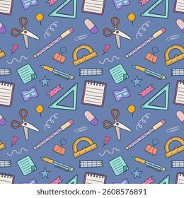 Seamless pattern with hand drawn doodle school child stationery. Cute kids back to school on dark background. Vector illustration