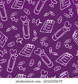 Seamless pattern with hand drawn doodle paper clips and pins, paperclip bookmark with heart shaped decoration, flip planner