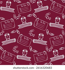 Seamless pattern with hand drawn doodle sticky notes with paper clip, pins, To-do list, analogue retro alarm clock with dial, clock face on a book. 
