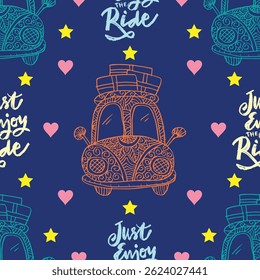 Seamless pattern with hand drawn doodle cars and text just enjoy the ride. Vector illustration.