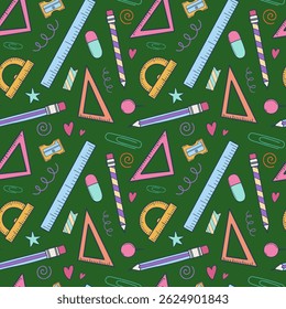 Seamless pattern with hand drawn doodle school supplies ruler, pencil, sharpener. Cute kids back to school elements on chalkboard background. Vector illustration