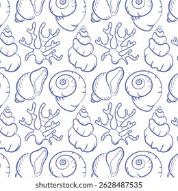 Seamless pattern with hand drawn doodle seashells and coral elements in outline style. Nautical ocean background perfect for packaging, textile design, wallpapers, and summer-themed projects.