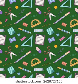 Seamless pattern with hand drawn doodle school child stationery. Cute kids back to school elements on chalkboard background. Vector illustration