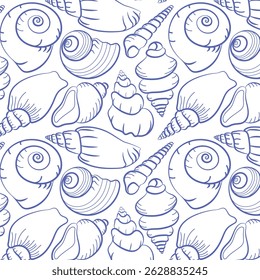 Seamless pattern with hand drawn doodle seashells in outline style. Nautical ocean background perfect for packaging, textile design, wallpapers, and summer-themed projects.