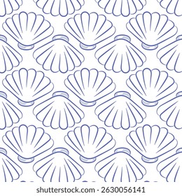 Seamless pattern with hand drawn doodle seashell in outline style. Nautical ocean background perfect for packaging, textile design, wallpapers, and summer-themed projects.