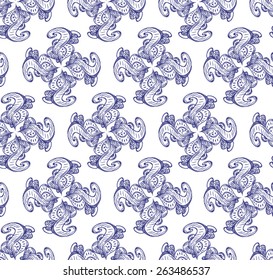 Seamless pattern of hand drawn doodle floral ornamental blue isolated elements on white background. Nature decorative design card for decor, invitation, print, scrapbook, template, textile, texture