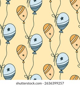 Seamless pattern with hand drawn doodle simple balloons on string with cute flowers