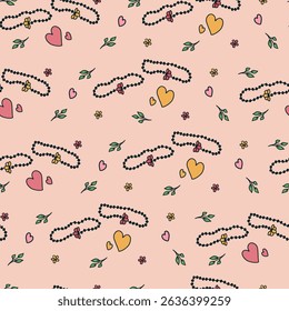 Seamless pattern with hand drawn doodle two matching bracelets with beads and halves of one flower, heart shapes and leaves on light pink background 