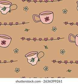 Seamless pattern with hand drawn doodle hot drink cup with floral pattern and heart shaped garland. A mug of coffee or tea with flower. 