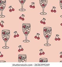 Seamless pattern with hand drawn doodle summer cocktail with cherry, citrus, mint leaf, ice cubes in glass on stem on light pink background
