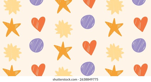 Seamless Pattern of Hand Drawn Doodle Shapes. Hearts, Stars, Circles, Spiky Abstract Forms in Crayon Style. Pastel Background. Vector Illustration for Print and Design