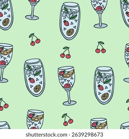 Seamless pattern with hand drawn doodle summer cocktails with berries, citrus, mint leaf, ice cubes in glasses, cherry on light green background