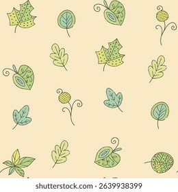 Seamless pattern with hand drawn doodle leaves in abstract cartoon style. Each leaf is filled with decorative details including lines, dots, and curved motifs. Colored in light greens, yellows
