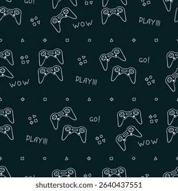 Seamless pattern with hand drawn doodle gamepads and handwritten video games lettering, cute game controllers. White doodles on dark background