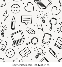 Seamless pattern with hand drawn doodle style education and office icons including light bulbs, books and laptops, on a white background - Powered by Shutterstock - Get 15% off with code: PIKWIZARD15