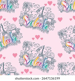 Seamless pattern with hand drawn doodle sri lanka travel illustration.