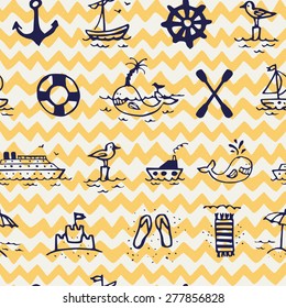 Seamless pattern with hand drawn doodle sea icons on chevron background. Tiling background with cartoon whale, seagull, different ships and beach umbrella, sandals and towel.