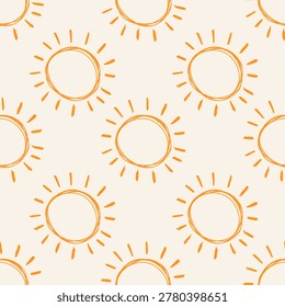Seamless pattern with hand drawn doodle sun icons. Minimalist summer background with sketchy sunbeams on cream background. Simple sunny wallpaper for kids textile, scrapbooking design, print, wrapping paper.