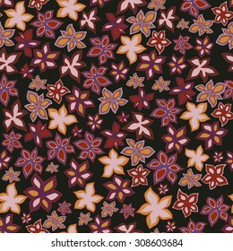 Seamless pattern with hand drawn doodle flowers, colorful on dark background. Vector illustration