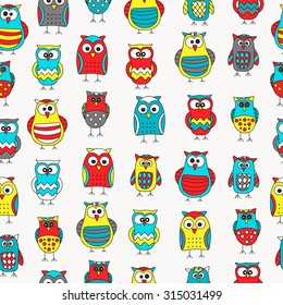 Seamless pattern with hand drawn doodle owls. Cute background for kids. Vector pattern. Bright yellow, red, blue, grey and white colors.
