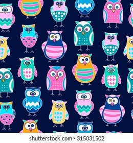 Seamless pattern with hand drawn doodle owls. Cute background for kids. Vector pattern. Bright colors - yellow, orange, pink, blue, green.