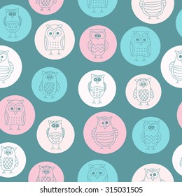 Seamless pattern with hand drawn doodle owls. Cute background for kids. Vector pattern. Pastel colors - pink, beige, blue and green.