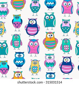 Modelo inconsútil con los búhos dibujados a mano del doodle. Lindo fondo para los niños. Patrón de Vector. Colores brillantes - amarillo, naranja, rosa, azul, verde.