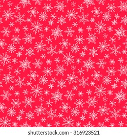 Seamless pattern with hand drawn doodle snowflake. Vector winter pattern. Red snowflakes on violet background.