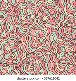 Seamless pattern of hand drawn doodle flowers. Zentangle colored background