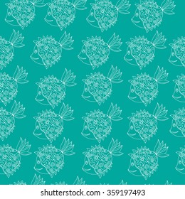Seamless pattern with hand drawn doodle style fish with mechanic details inside. Robot fish animal.  Sketch with SALE sign inside on green background. Kids cartoon style. Vector stock illustration.