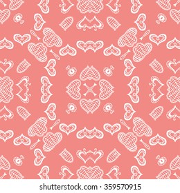 Seamless pattern with hand drawn doodle hearts, repeating lace texture for Wedding, Bridal, Valentine's day, greeting cards or Birthday Invitations, fabric or paper print. 