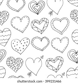 Seamless pattern with hand drawn doodle hearts. Vector monochrome love romantic style background. Perfect for textile fabric design, decorative paper and website wallpaper