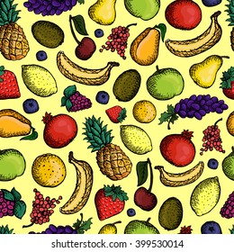 Seamless pattern with hand drawn doodle fruits on yellow background. For printing, cloth, design, wallpaper, wrapping, web page background, surface textures, menu, restaurant, cafe, kitchen. Object.