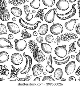 Seamless pattern with hand drawn doodle fruits on white background. For printing, cloth design, wallpaper, wrapping, web page background, surface textures, menu, restaurant, cafe, kitchen. Object.