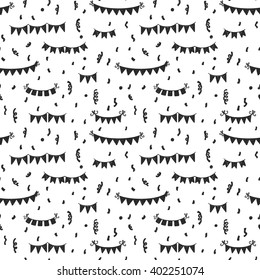Seamless pattern with hand drawn doodle childish bunting flags and confetti