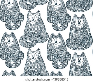 Seamless pattern with hand drawn doodle graphic cats with floral ornament. Vector illustration for fabric, coloring book, print on different objects