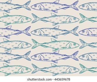 Seamless pattern with hand drawn doodle fish. 