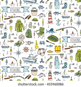 Seamless pattern hand drawn doodle Fishing icons set. Vector illustration. Cartoon catching fish equipment elements collection: Rod, Baits, Spinning, Lure, Inflatable Boat, Yacht, Lighthouse, Cloth.