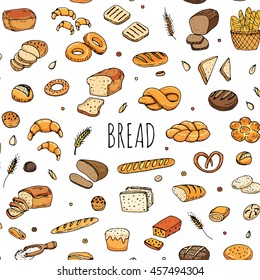 Seamless pattern hand drawn doodle of cartoon food: rye bread, whole grain bread, bagel, sliced bread, french baguette, croissant, sandwich. Bread set. Vector illustration. Sketch elements collection.