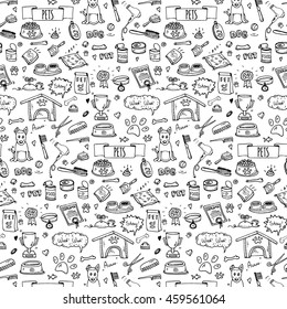 Seamless pattern hand drawn doodle Pets stuff and supply icons set. Vector illustration. Symbol collection. Cartoon dog care elements: kennel, leash, food, paw, bowl, bone and other goods for pet shop