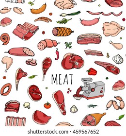 Seamless pattern hand drawn doodle set of cartoon different kind of meat and poultry. Vector illustration set. Sketchy food elements collection: Lamb, Pork, Ham, Mince, Chicken, Steak, Bacon, Sausage.