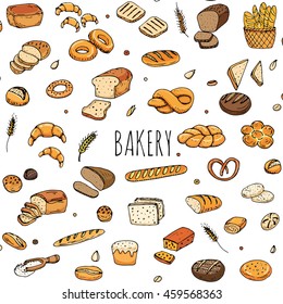 Seamless pattern hand drawn doodle of cartoon food: rye bread, whole grain bread, bagel, sliced bread, french baguette, croissant, sandwich. Bread set. Vector illustration. Sketch elements collection.