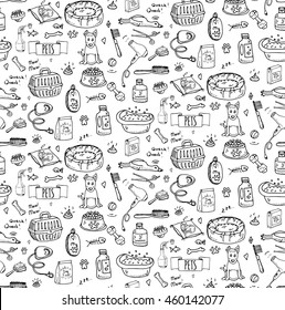 Seamless pattern hand drawn doodle Pets stuff and supply icon set. Vector illustration. Symbol collection. Cartoon dog and cat care elements: leash, food, paw, bowl, bone and other goods for pet shop