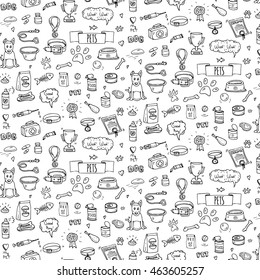 Seamless pattern hand drawn doodle Pets stuff and supply icons set. Vector illustration. Vet symbol collection. Cartoon dogs care elements: leash, food, paw, bowl, bone and other goods for pet shop